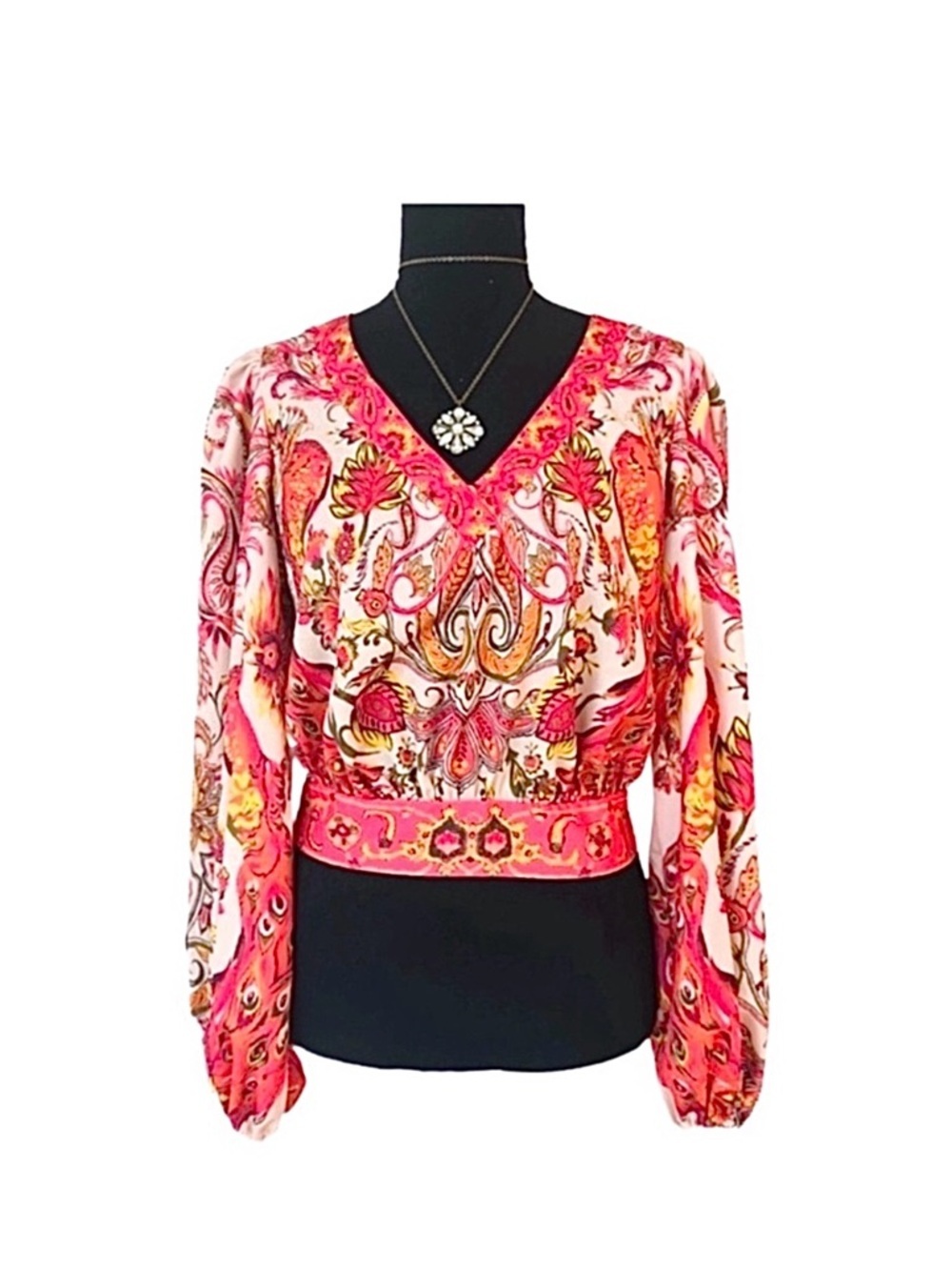 A PEACH ~ Vibrant Pink Paisley Floral Long Sleeve Backless V-Neck Top size S